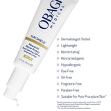 Obagi Medical Sun Shield sunscreen lotion with features listed on a white background