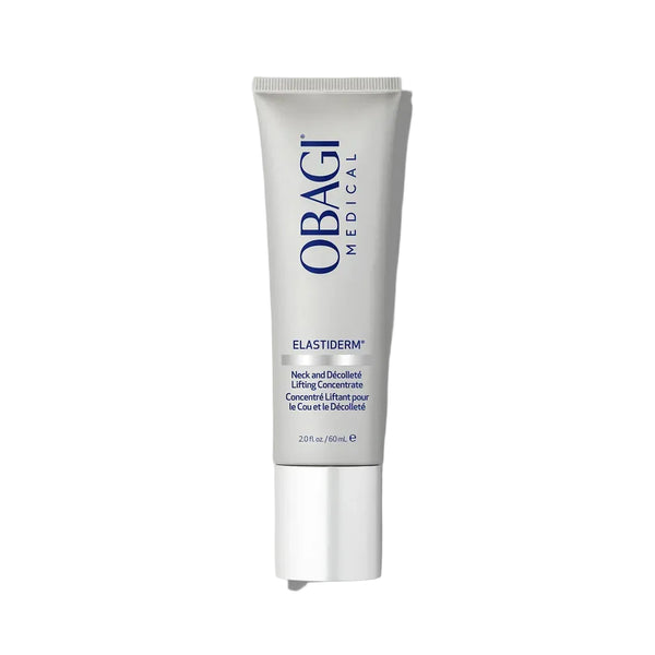 A 160 mL squeeze tube of Obagi Medical Elastiderm Neck and Decolletage Lifting Concentrate, shown on a solid light gray background.