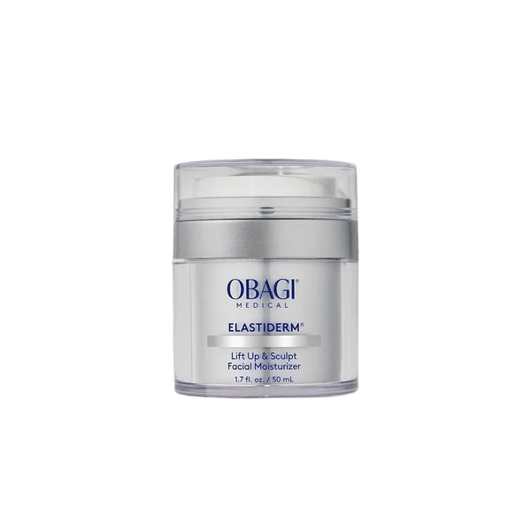 A jar of Obagi Medical Elastiderm Lift Up & Sculpt Facial Moisturizer on a light gray background with a soft shadow.