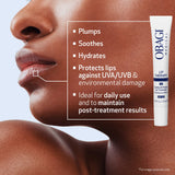 Obagi lip therapy product with a close-up of a person's lips and skin, highlighting product benefits.