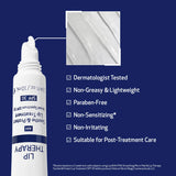 Lip treatment spray with product details on a blue background