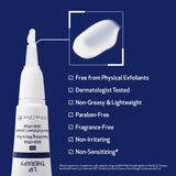 Lip treatment product with features listed on a blue background