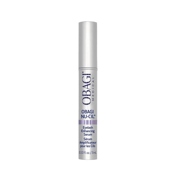 Obagi Nu-Cil eyelash enhancing serum bottle on a gray background