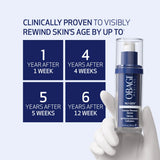 Obagi skincare serum with time frame benefits on a blue background