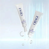 Two white Obagi Medical Nutri-Crinse tubes floating diagonally against a light blue and white background with soft vertical light streaks and a few clear bubble graphics. The tubes are branded with dark blue text.