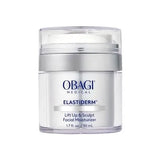 A 50 mL jar of Obagi Medical Elastiderm Lift Up & Sculpt Facial Moisturizer, featuring a clear container with a silver metallic lid and white cream inside, set against a plain white background.
