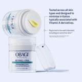 OBAGI Medical Retinol + PHA Refining Night Cream shown in a white jar with a clear lid, alongside an overturned jar revealing a pale yellow cream swirl, on a light blue background with marketing text.