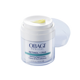 Obagi Medical Retinol + PHA Refined Night Cream in a clear jar with a white lid and a light blue translucent cap, shown on a white background.