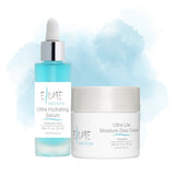 Elume Med Spa Ultra Hydrating Bundle featuring a blue hyaluronic acid serum bottle and a white moisture cream jar.