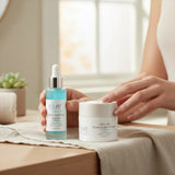 Elume Med Spa Ultra Hydrating Bundle featuring a blue hyaluronic acid serum and a white moisture dew cream jar.