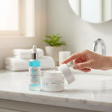 Elume Med Spa Ultra Hydrating Bundle with serum and moisture cream on a marble bathroom vanity.