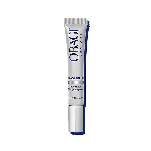 A single tube of Obagi Medical Elastiderm Advanced Retinol Concentration cream, featuring a metallic silver body with dark blue text and a blue side accent, set against a plain white background.